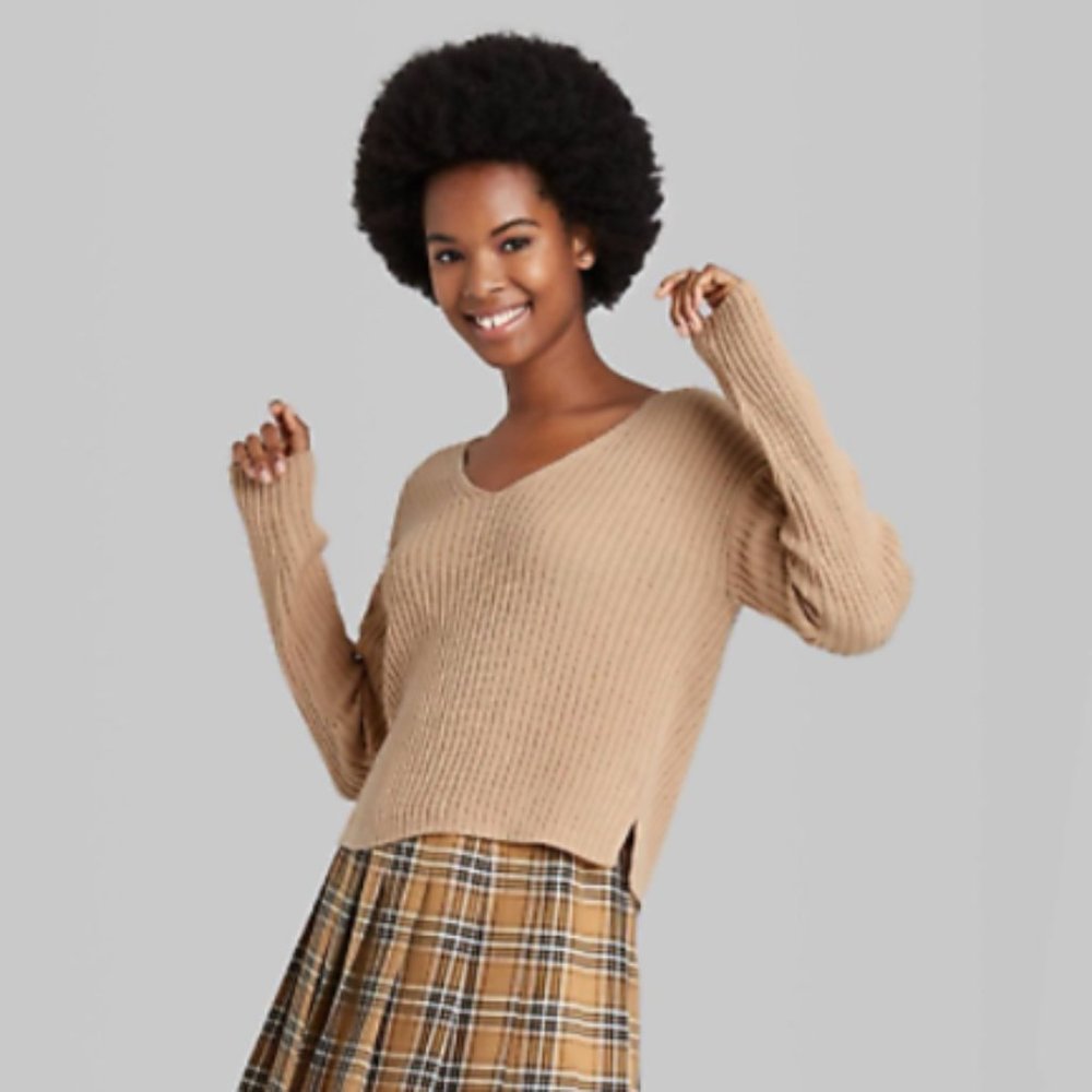 WILD FABLE WOMEN'S TAUPE BROWN V-NECK RIB KNIT PULLOVER SWEATER NWT